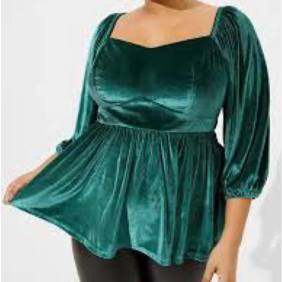 Botanical Garden Green Velvet Peplum Top, torrid, Size 2 - Picture 1 of 3
